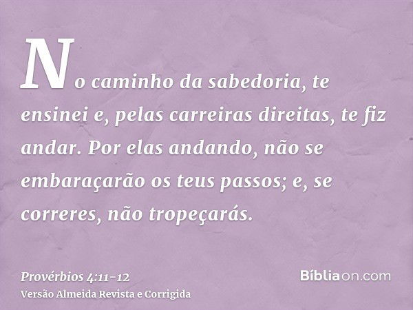 No caminho da sabedoria, te ensinei e, pelas carreiras direitas, te fiz andar.Por elas andando, não se embaraçarão os teus passos; e, se correres, não tropeçará