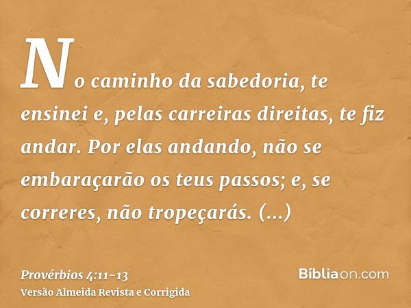 No caminho da sabedoria, te ensinei e, pelas carreiras direitas, te fiz andar.Por elas andando, não se embaraçarão os teus passos; e, se correres, não tropeçará