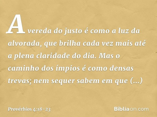 A vereda do justo
é como a luz da alvorada,
que brilha cada vez mais
até a plena claridade do dia. Mas o caminho dos ímpios
é como densas trevas;
nem sequer sab