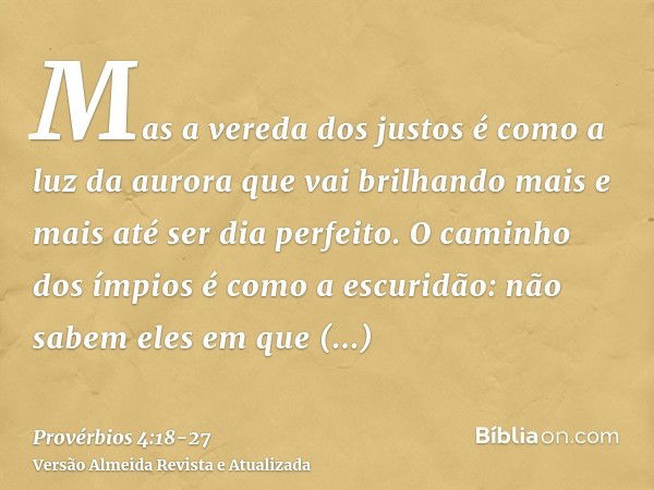 Mas a vereda dos justos é como a luz da aurora que vai brilhando mais e mais até ser dia perfeito.O caminho dos ímpios é como a escuridão: não sabem eles em que