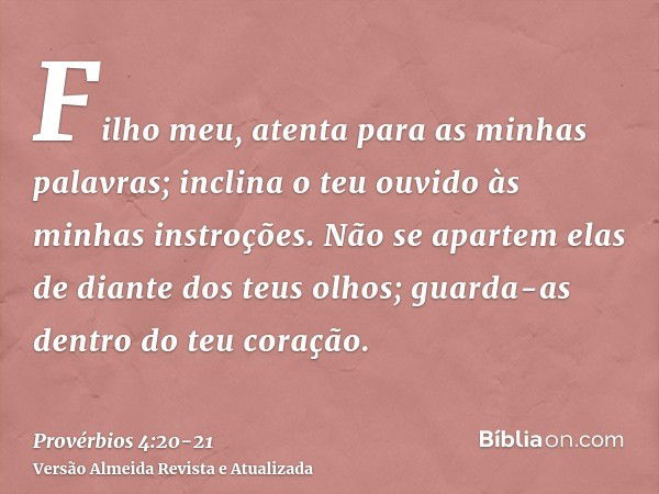 Filho meu, atenta para as minhas palavras; inclina o teu ouvido às minhas instroções.Não se apartem elas de diante dos teus olhos; guarda-as dentro do teu coraç