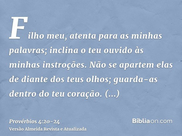 Filho meu, atenta para as minhas palavras; inclina o teu ouvido às minhas instroções.Não se apartem elas de diante dos teus olhos; guarda-as dentro do teu coraç