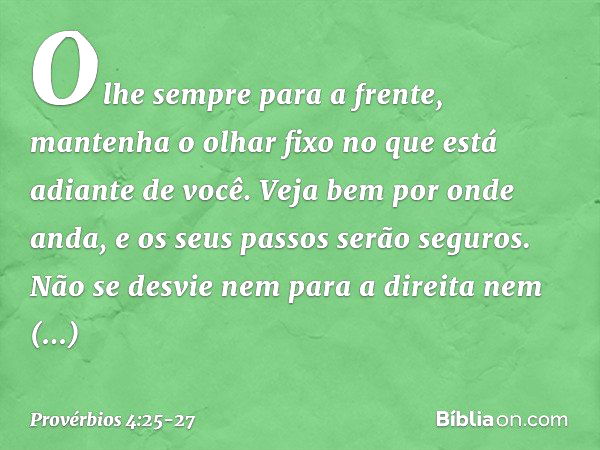 Olhe sempre para a frente,
mantenha o olhar fixo
no que está adiante de você. Veja bem por onde anda,
e os seus passos serão seguros. Não se desvie nem para a d