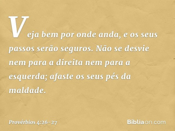 Veja bem por onde anda,
e os seus passos serão seguros. Não se desvie nem para a direita
nem para a esquerda;
afaste os seus pés da maldade. -- Provérbios 4:26-