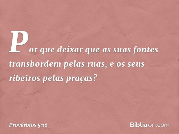 Por que deixar que as suas fontes
transbordem pelas ruas,
e os seus ribeiros pelas praças? -- Provérbios 5:16