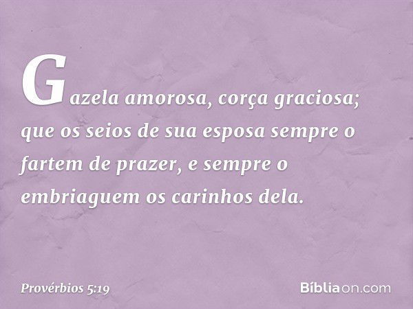 Gazela amorosa, corça graciosa;
que os seios de sua esposa
sempre o fartem de prazer,
e sempre o embriaguem os carinhos dela. -- Provérbios 5:19