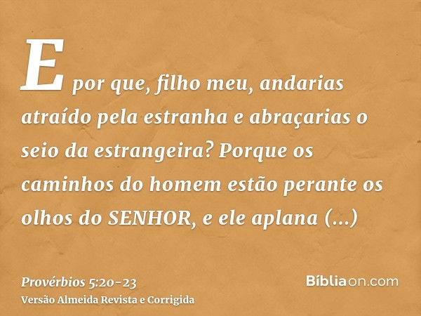 E por que, filho meu, andarias atraído pela estranha e abraçarias o seio da estrangeira?Porque os caminhos do homem estão perante os olhos do SENHOR, e ele apla