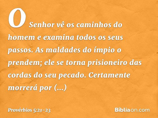 O Senhor vê os caminhos do homem
e examina todos os seus passos. As maldades do ímpio o prendem;
ele se torna prisioneiro
das cordas do seu pecado. Certamente m