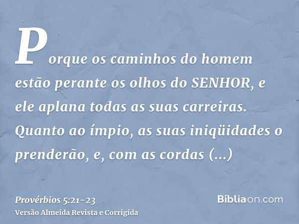 Porque os caminhos do homem estão perante os olhos do SENHOR, e ele aplana todas as suas carreiras.Quanto ao ímpio, as suas iniqüidades o prenderão, e, com as c