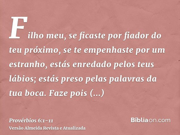 Filho meu, se ficaste por fiador do teu próximo, se te empenhaste por um estranho,estás enredado pelos teus lábios; estás preso pelas palavras da tua boca.Faze 