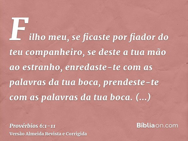 Filho meu, se ficaste por fiador do teu companheiro, se deste a tua mão ao estranho,enredaste-te com as palavras da tua boca, prendeste-te com as palavras da tu