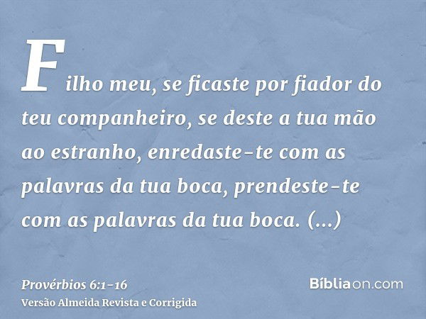 Filho meu, se ficaste por fiador do teu companheiro, se deste a tua mão ao estranho,enredaste-te com as palavras da tua boca, prendeste-te com as palavras da tu