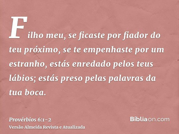Filho meu, se ficaste por fiador do teu próximo, se te empenhaste por um estranho,estás enredado pelos teus lábios; estás preso pelas palavras da tua boca.