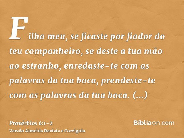 Filho meu, se ficaste por fiador do teu companheiro, se deste a tua mão ao estranho,enredaste-te com as palavras da tua boca, prendeste-te com as palavras da tu