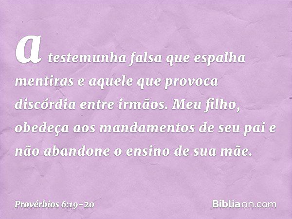 a testemunha falsa que espalha mentiras
e aquele que provoca discórdia
entre irmãos. Meu filho,
obedeça aos mandamentos de seu pai
e não abandone o ensino de su