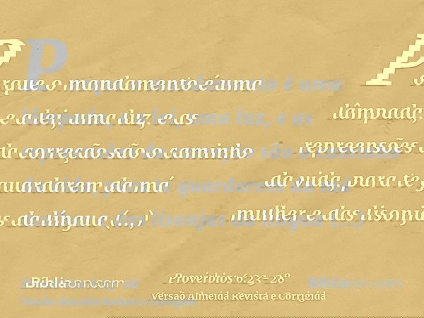 Porque o mandamento é uma lâmpada, e a lei, uma luz, e as repreensões da correção são o caminho da vida,para te guardarem da má mulher e das lisonjas da língua