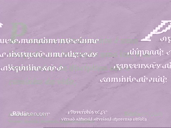 Porque o mandamento é uma lâmpada, e a instrução uma luz; e as repreensões da disciplina são o caminho da vida,