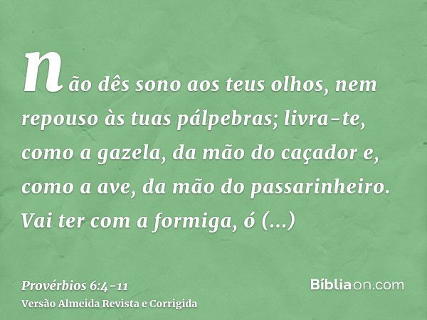 não dês sono aos teus olhos, nem repouso às tuas pálpebras;livra-te, como a gazela, da mão do caçador e, como a ave, da mão do passarinheiro.Vai ter com a formi