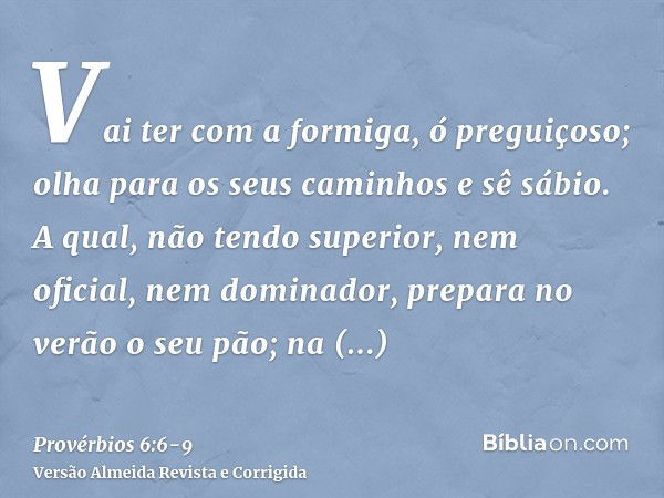 Vai ter com a formiga, ó preguiçoso; olha para os seus caminhos e sê sábio.A qual, não tendo superior, nem oficial, nem dominador,prepara no verão o seu pão; na