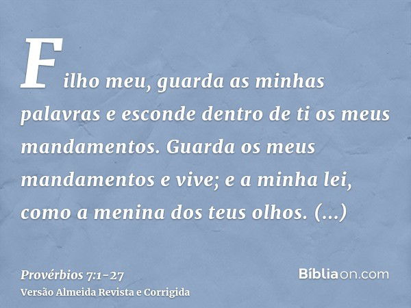 Filho meu, guarda as minhas palavras e esconde dentro de ti os meus mandamentos.Guarda os meus mandamentos e vive; e a minha lei, como a menina dos teus olhos.A