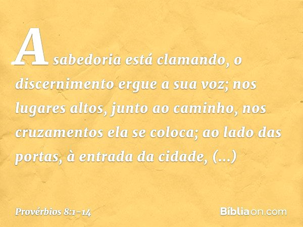 A sabedoria está clamando,
o discernimento ergue a sua voz; nos lugares altos, junto ao caminho,
nos cruzamentos ela se coloca; ao lado das portas,
à entrada da