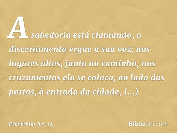 A sabedoria está clamando,
o discernimento ergue a sua voz; nos lugares altos, junto ao caminho,
nos cruzamentos ela se coloca; ao lado das portas,
à entrada da