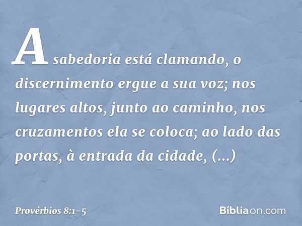 A sabedoria está clamando,
o discernimento ergue a sua voz; nos lugares altos, junto ao caminho,
nos cruzamentos ela se coloca; ao lado das portas,
à entrada da