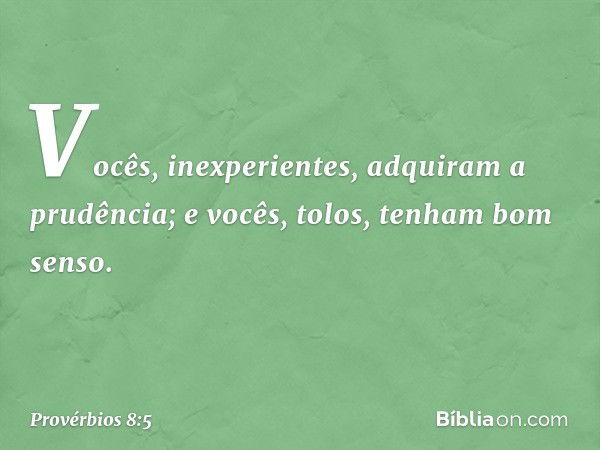 Vocês, inexperientes,
adquiram a prudência;
e vocês, tolos, tenham bom senso. -- Provérbios 8:5