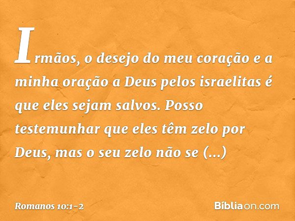 Irmãos, o desejo do meu coração e a minha oração a Deus pelos israelitas é que eles sejam salvos. Posso testemunhar que eles têm zelo por Deus, mas o seu zelo n