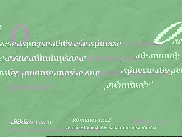 Ora se o tropeço deles é a riqueza do mundo, e a sua diminuição a riqueza dos gentios, quanto mais a sua plenitude!