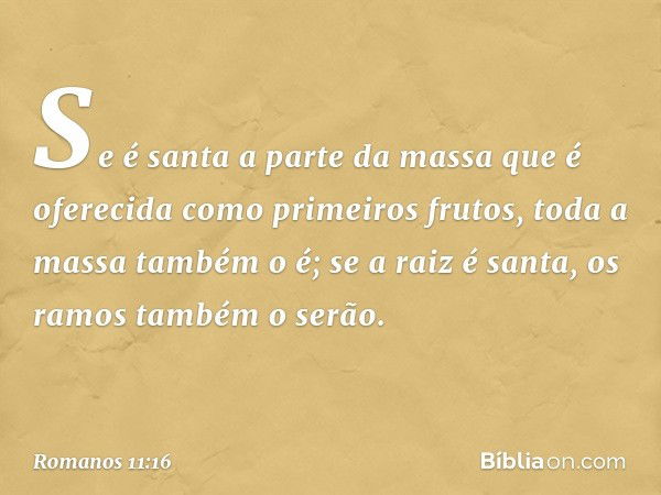 Se é santa a parte da massa que é oferecida como primeiros frutos, toda a massa também o é; se a raiz é santa, os ramos também o serão. -- Romanos 11:16