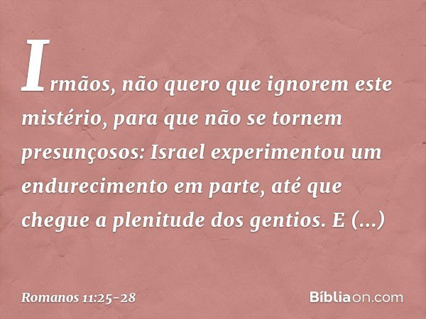 Irmãos, não quero que ignorem este mistério, para que não se tornem presunçosos: Israel experimentou um endurecimento em parte, até que chegue a plenitude dos g