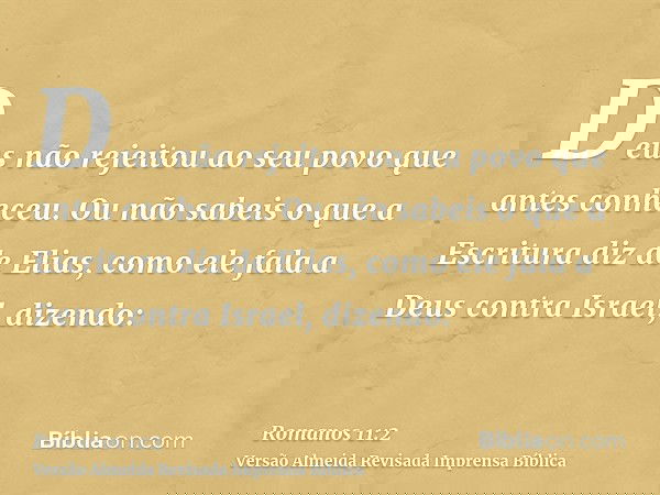 Deus não rejeitou ao seu povo que antes conheceu. Ou não sabeis o que a Escritura diz de Elias, como ele fala a Deus contra Israel, dizendo: