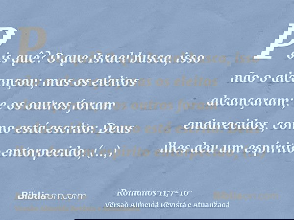 Pois quê? O que Israel busca, isso não o alcançou; mas os eleitos alcançaram; e os outros foram endurecidos,como está escrito: Deus lhes deu um espírito entorpe