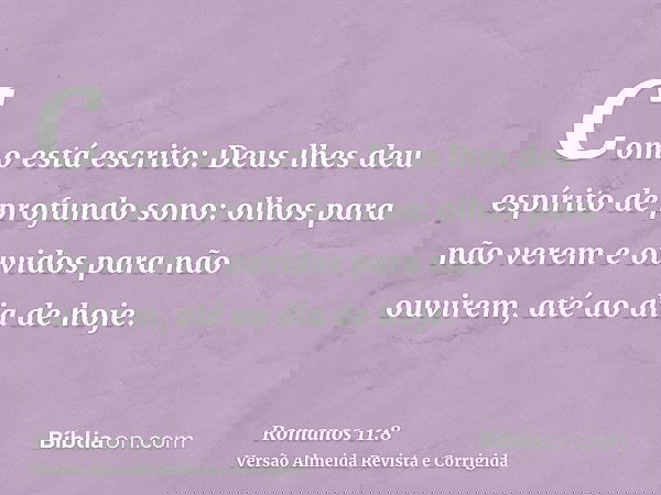 Como está escrito: Deus lhes deu espírito de profundo sono: olhos para não verem e ouvidos para não ouvirem, até ao dia de hoje.