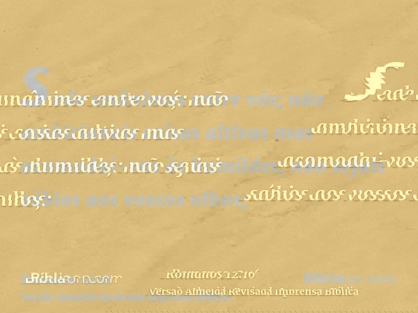 sede unânimes entre vós; não ambicioneis coisas altivas mas acomodai-vos às humildes; não sejais sábios aos vossos olhos;