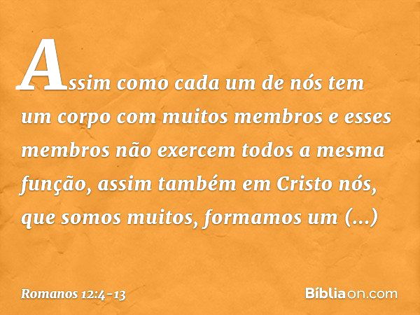 Assim como cada um de nós tem um corpo com muitos membros e esses membros não exercem todos a mesma função, assim também em Cristo nós, que somos muitos, formam