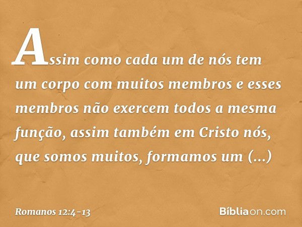 Assim como cada um de nós tem um corpo com muitos membros e esses membros não exercem todos a mesma função, assim também em Cristo nós, que somos muitos, formam