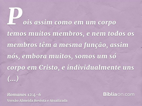 Pois assim como em um corpo temos muitos membros, e nem todos os membros têm a mesma função,assim nós, embora muitos, somos um só corpo em Cristo, e individualm