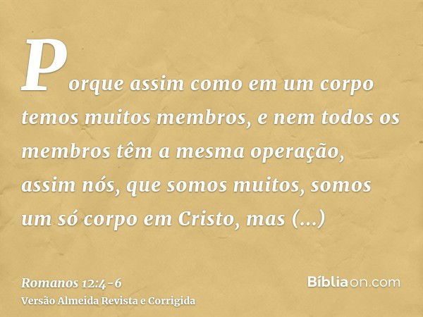 Porque assim como em um corpo temos muitos membros, e nem todos os membros têm a mesma operação,assim nós, que somos muitos, somos um só corpo em Cristo, mas in