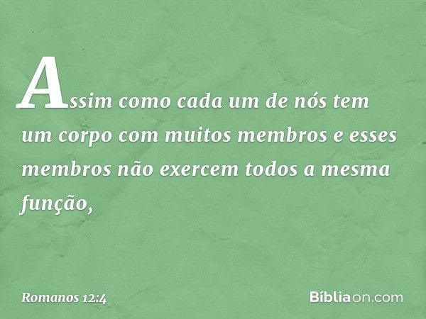 Assim como cada um de nós tem um corpo com muitos membros e esses membros não exercem todos a mesma função, -- Romanos 12:4