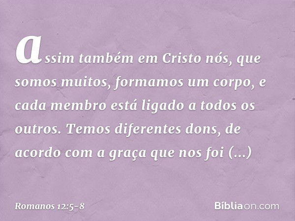 assim também em Cristo nós, que somos muitos, formamos um corpo, e cada membro está ligado a todos os outros. Temos diferentes dons, de acordo com a graça que n