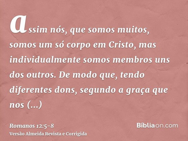 assim nós, que somos muitos, somos um só corpo em Cristo, mas individualmente somos membros uns dos outros.De modo que, tendo diferentes dons, segundo a graça q