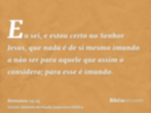 Eu sei, e estou certo no Senhor Jesus, que nada é de si mesmo imundo a não ser para aquele que assim o considera; para esse é imundo.