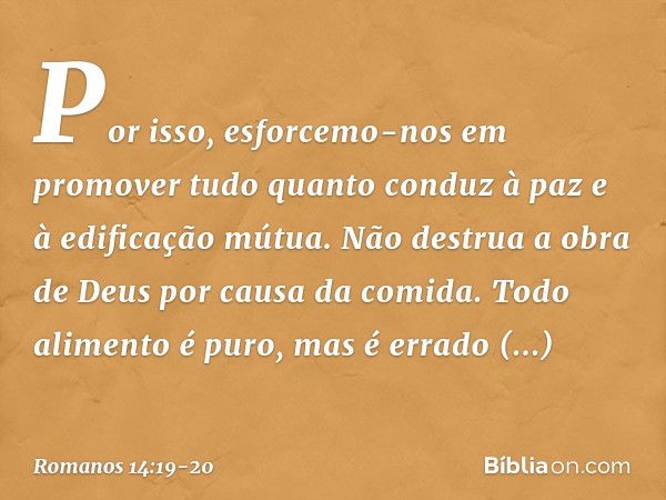 Por isso, esforcemo-nos em promover tudo quanto conduz à paz e à edificação mútua. Não destrua a obra de Deus por causa da comida. Todo alimento é puro, mas é e