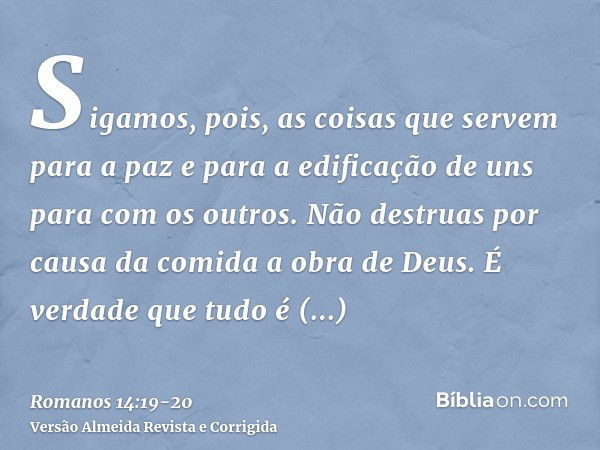 Sigamos, pois, as coisas que servem para a paz e para a edificação de uns para com os outros.Não destruas por causa da comida a obra de Deus. É verdade que tudo