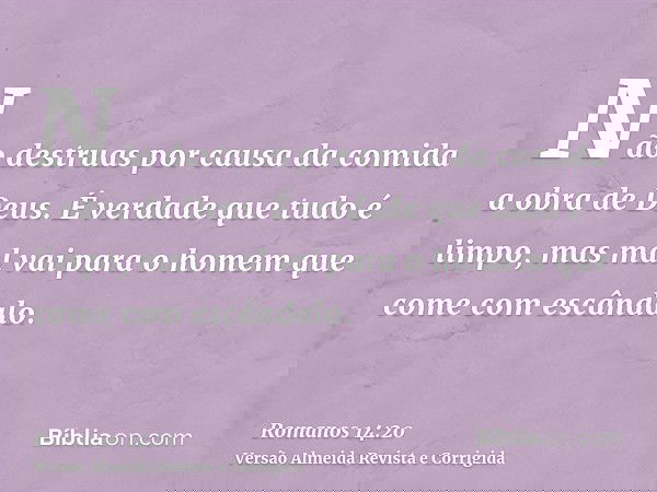 Não destruas por causa da comida a obra de Deus. É verdade que tudo é limpo, mas mal vai para o homem que come com escândalo.