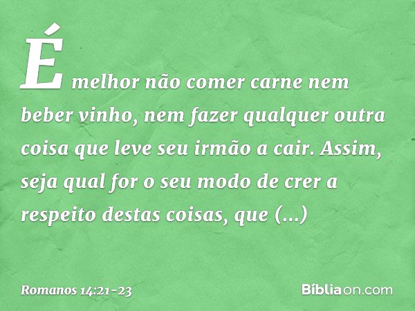 É melhor não comer carne nem beber vinho, nem fazer qualquer outra coisa que leve seu irmão a cair. Assim, seja qual for o seu modo de crer a respeito destas co