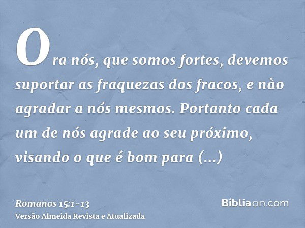 Ora nós, que somos fortes, devemos suportar as fraquezas dos fracos, e nào agradar a nós mesmos.Portanto cada um de nós agrade ao seu próximo, visando o que é b