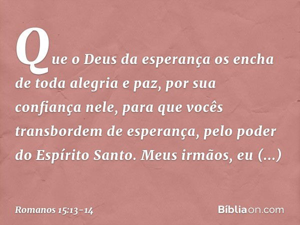 Que o Deus da esperança os encha de toda alegria e paz, por sua confiança nele, para que vocês transbordem de esperança, pelo poder do Espírito Santo. Meus irmã